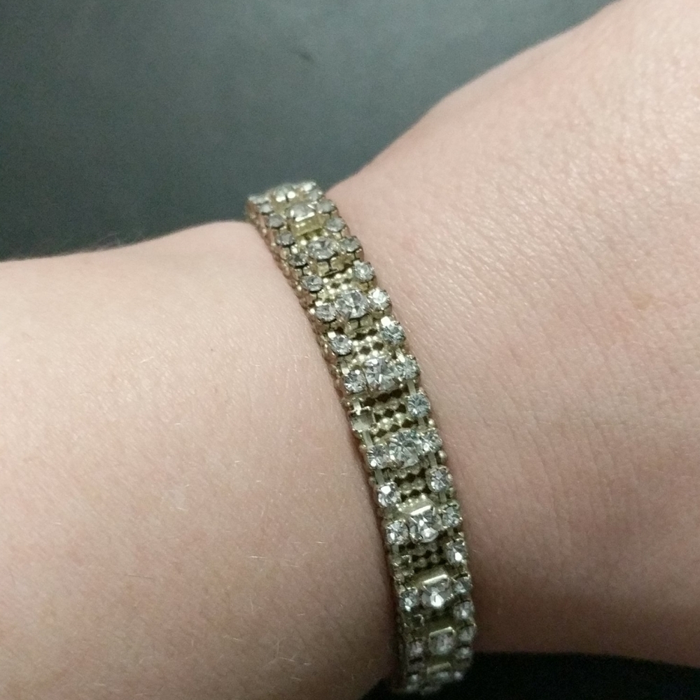 Vintage Silver Tone Clear Rhinestone Tennis Statement Bracelet